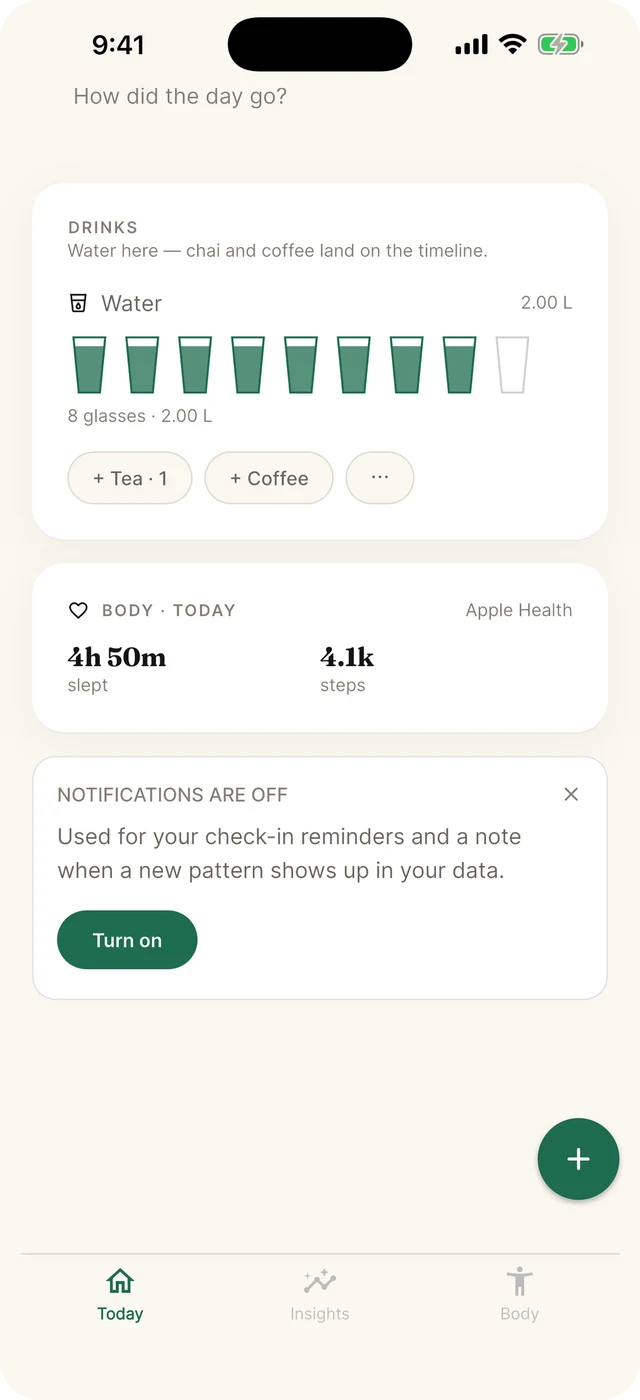 The drinks card on Today: water glasses, and one-tap Tea and Coffee chips.
